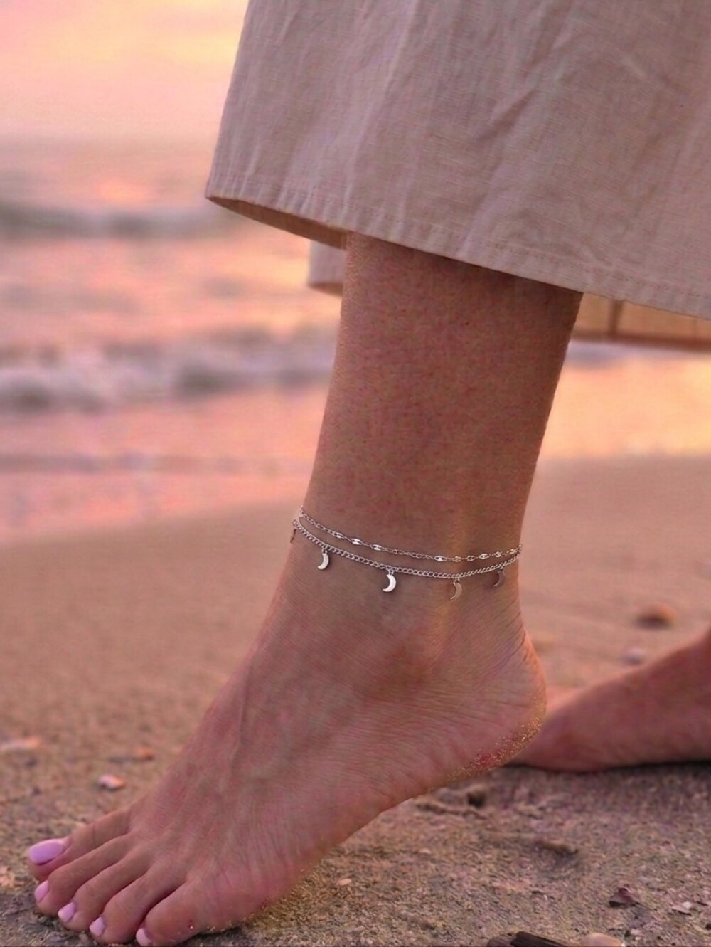 ​Silver Double Layer Crescent Moon Charm Anklet